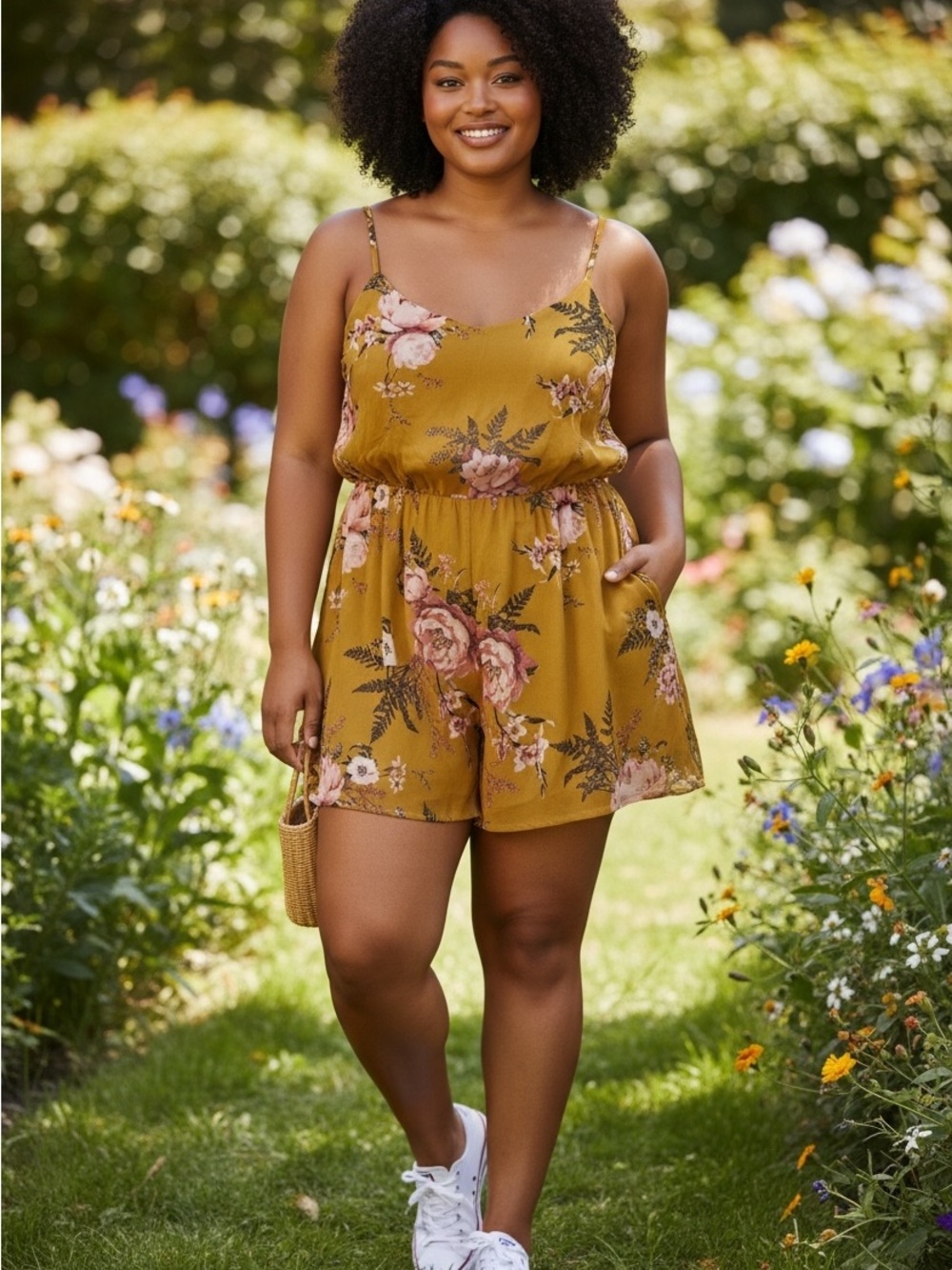Xhilaration Mustard Floral Romper with Spaghetti Straps